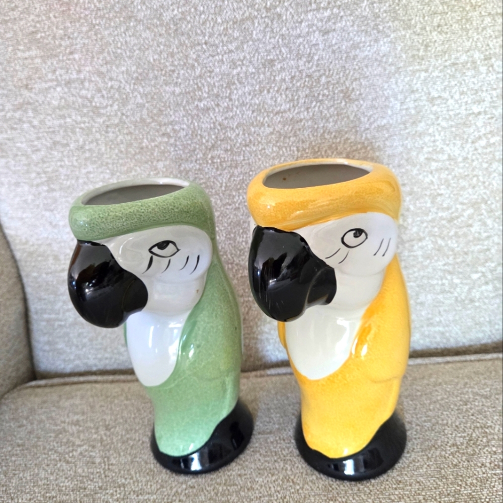 Vtg Macaw Parrot Vases MCM Yellow Green Glass Baby Room Island Tiki